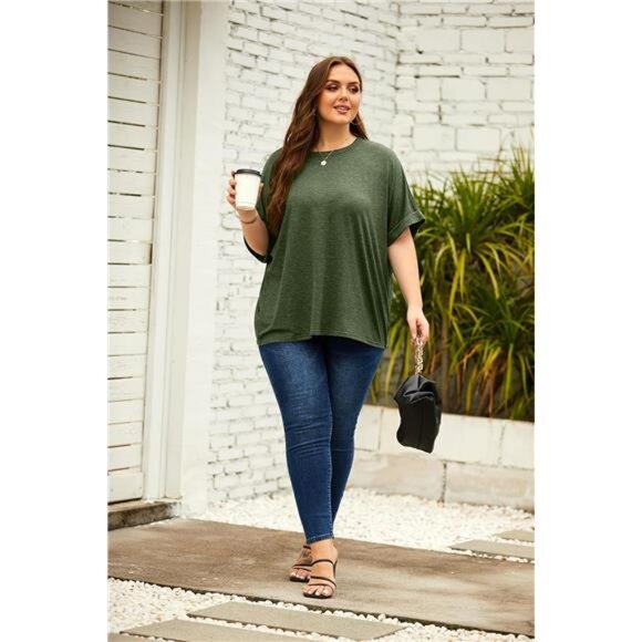 Women Army Green Oversized T-Shirt Summer Casual Short Sleeve Loose Tee Tops‎ - Picture 4 of 6